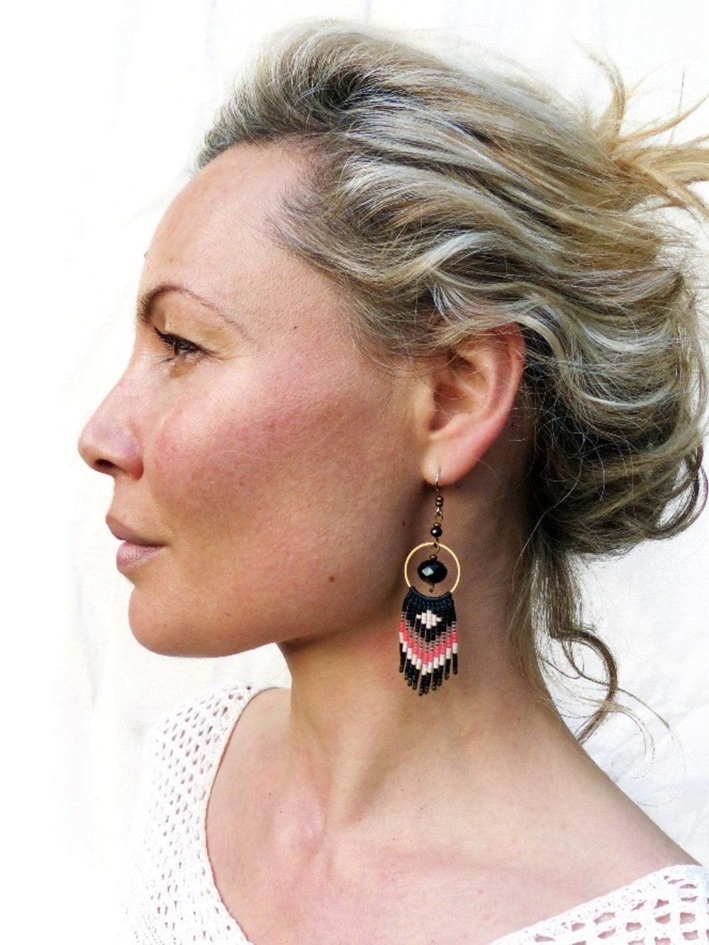 Handmade Beaded Fringe Hoop Earrings in Black & Pink, EUC — Like New!